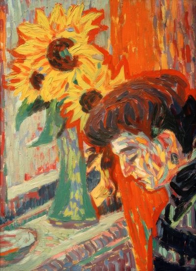 Tête de femme devant des tournesols - Ernst Ludwig Kirchner