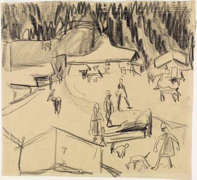 Village de montagne (Staffelalp) avec des bergers et des chèvres - Ernst Ludwig Kirchner