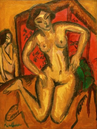 Fille nue agenouillée devant un paravent rouge - Ernst Ludwig Kirchner