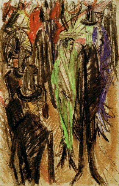 Scène de rue avec dame en vert - Ernst Ludwig Kirchner