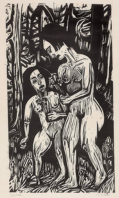Deux filles nues avec des fleurs dans la forêt - Ernst Ludwig Kirchner