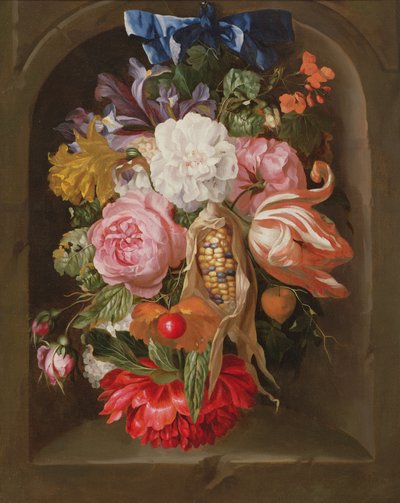Nature morte avec un épi de maïs, des roses, une tulipe perroquet, des iris et d