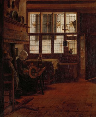 Intérieur avec femme à la roue à filer - Esaias Boursse