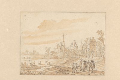 Paysage avec un groupe de personnes et un château - Esaias van de Velde (possibly)
