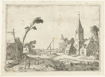 Vue de village avec fermes, église et puits (Paysages couchés) - Esaias van de Velde