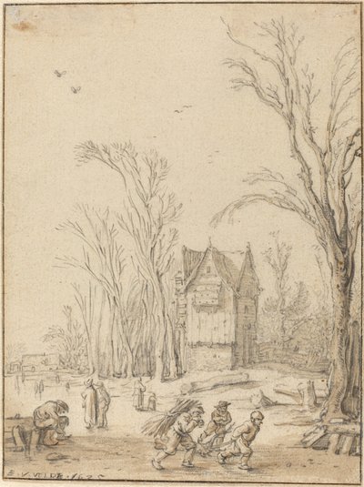 Villageois patinant sur un étang gelé - Esaias van de Velde