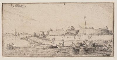 Pêcheurs en barque devant une ville fortifiée, extrait de Paysages - Esaias van den Velde I