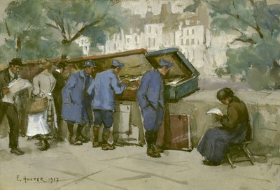 Soldats français et bouquinistes le long de la Seine, 1917 - Ethel Hunter