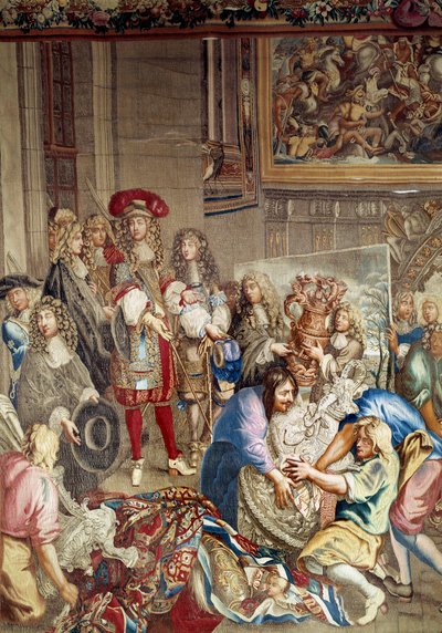 Visite de Louis XIV à la Manufacture des Gobelins en présence de Jean-Baptiste Colbert (1619-1683) et du peintre Charles Le Brun (1619-1690), 15 octobre - Etienne (studio of) Le Blond