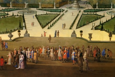 Promenade de Louis XIV (1638-1715) en vue du parterre nord dans les jardins de Versailles (détail) - Etienne Allegrain
