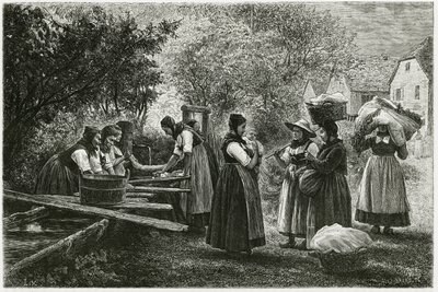 Une lessive à Metzeral, femmes portant des costumes traditionnels de la vallée se rassemblant à la fontaine du village (illustration de À travers l