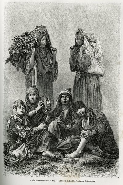Arabes Ghawarineh, nomades du bassin de la mer Morte. Gravure par E. Ronjat, pour illustrer l