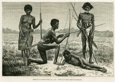 Négritos de la montagne Yriga. Gravure par E.Ronjat pour illustrer le récit Luçon et Palaouan, six ans aux Philippines, par Alfred Marche (1844-1898), dans le tour du monde 1886, dirigé par Edouard Charton (1807-1890), Hachette, Paris. - Etienne Antoine Eugene Ronjat