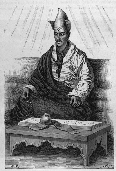 Portrait de « Khutukcha », un grand prêtre du Tibet dans les années 1870-1880. Gravure d
