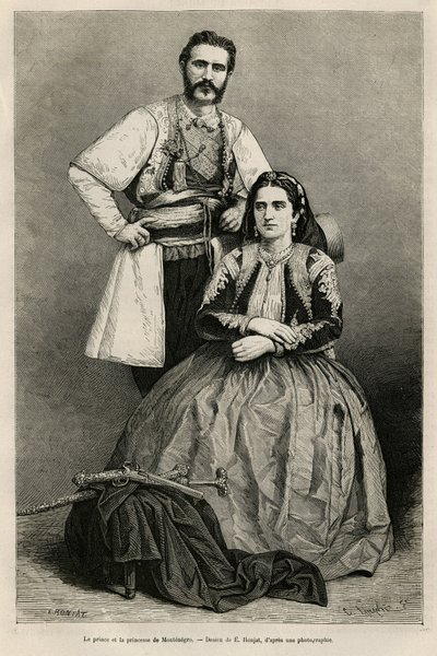 Portraits du prince du Monténégro Nicolas I Petrovicz Niegosch (1841-1921) et de sa femme, Milena, née Voukovich (1847-1923), dessin de E.Ronjat, pour illustrer le voyage au Monténégro, en 1874, par Charles Yriarte (1832-1898). Gravure dans Le tour du mond - Etienne Antoine Eugene Ronjat