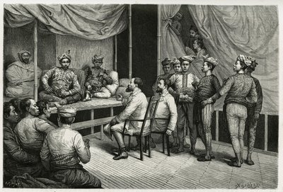 Réception des voyageurs au palais du sultan de Soulou (ou Sulu) (archipel des Philippines), Mohammed Yamalul Alam. Gravure par E.Ronjat, pour illustrer le récit « Voyage aux Philippines » - Etienne Antoine Eugene Ronjat