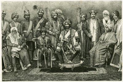 Le maharajah du Cachemire, Rambhir Sing et sa cour. Gravure par E. Ronjat, pour illustrer l