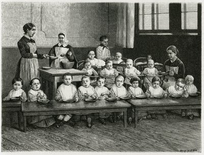 Le repas des enfants à la crèche. Gravure par E. Ronjat, pour illustrer l