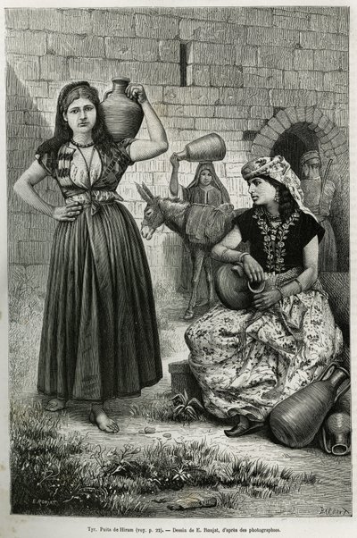 Femmes portant des cruches, près du puits de Hiram à Tyr. Gravure par E.Ronjat, pour illustrer l