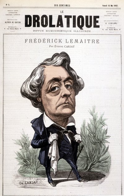 Le Drolatique, Frédérick Lemaître (1800/1876), célèbre acteur pour ses rôles dramatiques, proche de Victor Hugo. Caricature de Carjat. - Etienne Carjat