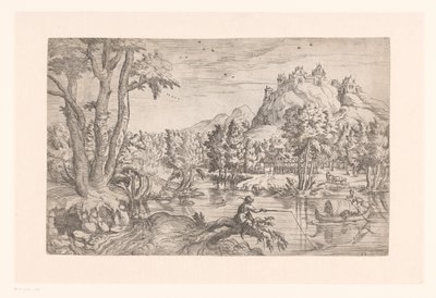 Paysage avec pêcheur et château au sommet d