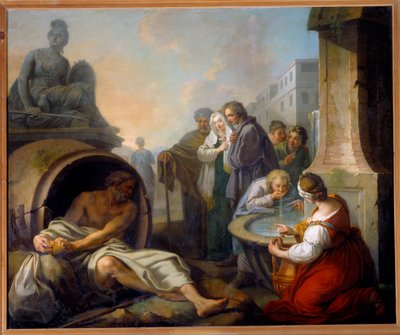 Diogène brisant son écuelle Diogène de Sinope dit le Cynique (413-327 av. J.-C.), philosophe grec, abandonne son écuelle après avoir vu un enfant boire de l