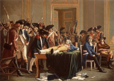 Le matin du 10 Thermidor An II ; Maximilien de Robespierre, avec une mâchoire fracturée, étendu sur une table - Etienne Lucien (after) Melingue