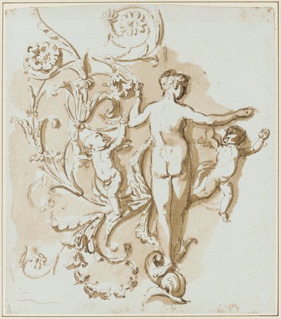 Nu féminin vu de dos, avec deux putti, parmi une décoration de feuilles d