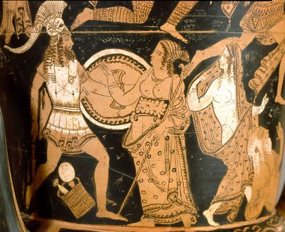 Antiquité étrusque: cratère en cloche représentant la destruction de Troie: détail représentant Ménélas face à Aphrodite, Hélène est représentée à droite. De Falerii Veteres (Civita Castellana). 350-300 av. J.-C. Rome, Museo Nazionale di Villa Giulia - Etruscan