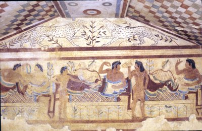 Tombe étrusque des Léopards, fresque montrant une scène de banquet, Tarquinia. 5ème siècle av. J.-C., Italie (fresque) - Etruscan