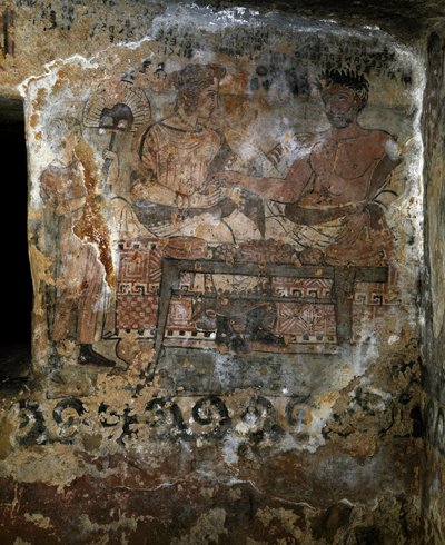 Civilisation étrusque : Larth Velcha et sa femme Velia Seithi représentés à un banquet sur une fresque de la tombe des « Scudi » (tomba degli scudi) 340 av. J.-C. Nécropole des Monterozzi, Tarquinia, Italie - Etruscan
