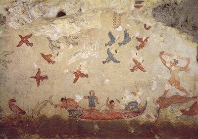 Pêcheurs dans un bateau et oiseaux volant, de la tombe de la pêche et de la chasse, c.520-510 av. J.-C. - Etruscan