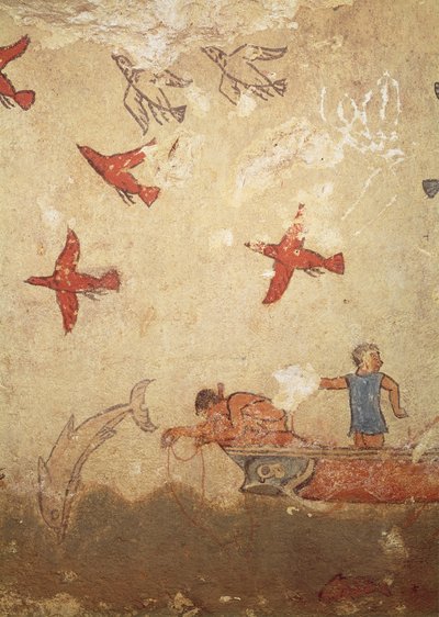 Bateau de pêche, de la tombe de la chasse et de la pêche, vers 520-10 av. J.-C. (peinture murale) - Etruscan