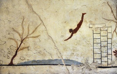Art grec : Un jeune nageur plongeant. Fresque de la tombe du « plongeur », Paestum - Etruscan