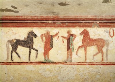 Chevaux et cavaliers tenant les rênes, de la tombe du Baron, c.500 av. J.-C. - Etruscan