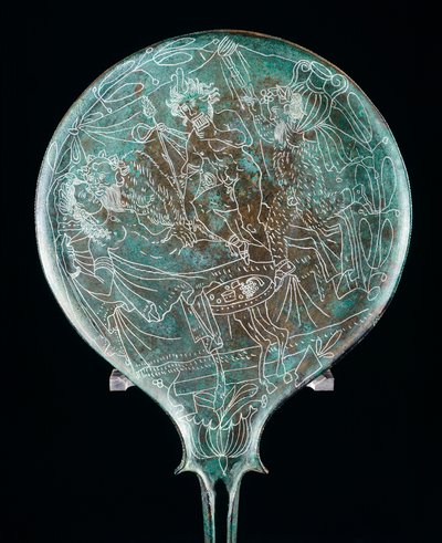 Miroir représentant une scène de banquet, artefact en bronze de Preneste (Latium). Civilisation étrusque, IVe siècle av. J.-C. - Etruscan