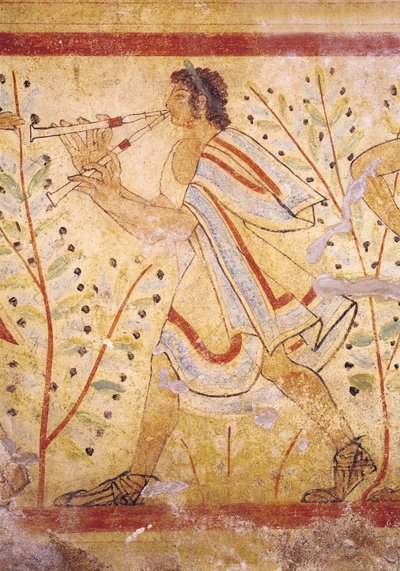 Musicien jouant de la flûte, de la Tombe du Léopard, c.490 av. J.-C. (détail) - Etruscan