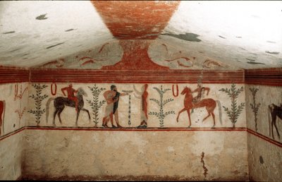Deux cavaliers, une femme et un homme barbu présentant une coupe (détail) - Etruscan