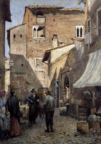 Vieilles maisons de Pierleoni à Rome, aquarelle par Ettore Roesler Franz (1845-1907), Italie - Ettore Roesler Franz