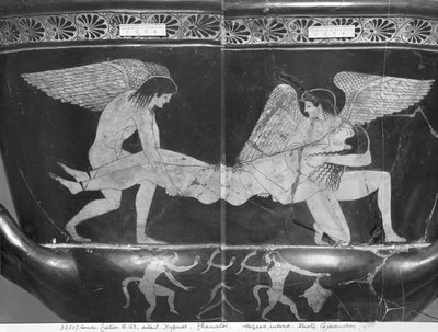 Calyx krater attique à figures rouges représentant Hypnos et Thanatos portant le corps de Sarpédon - Eucharides Painter