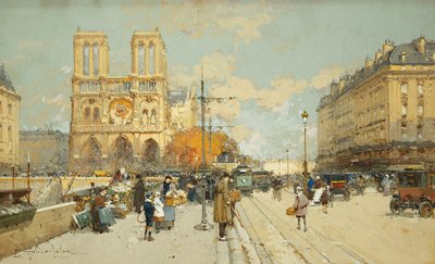 Figures dans une rue ensoleillée de Paris, Notre-Dame à gauche - Eugene Galien Laloue