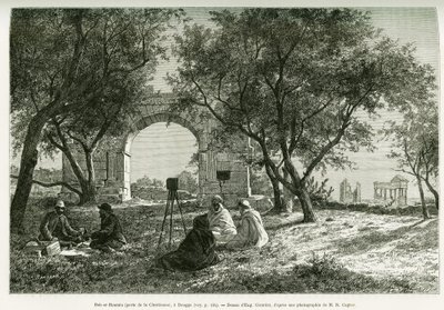 Bab-er-Roumia, porte de la femme chrétienne, ruines romaines à Dougga, pique-nique de voyageurs et leurs guides. Gravure pour illustrer l