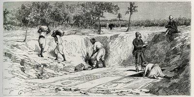 Fouilles au cimetière chrétien de Lamta, avec les deux missions. Gravure par Eug. Girardet, pour illustrer l