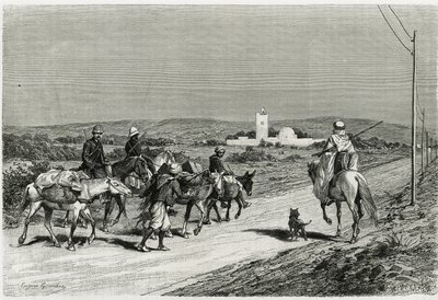 Notre remorqueur avance. Gravé par Eugene Girardet, pour illustrer le récit « Voyage en Tunisie », par René Cagnat (1852-1937) historien et Henri Saladin (1851-1923), architecte, commandé en 1882-1883, par le Ministère de l
