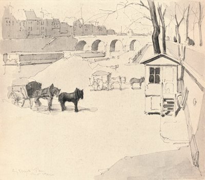 Le Pont Marie - Chevaux et charrettes, 1915 - Eugene Bejot