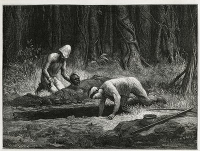 Le Dr. Harmand et son assistant annamite, procédant à des exhumations clandestines de sépultures Khas, à Attopeu (Laos), gravure d