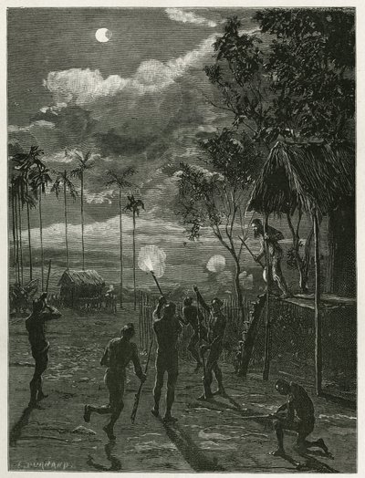 Le Dr Harmand réveillé en pleine nuit par le bruit des fusils des indigènes Khas, tirant sur la lune soumise à une éclipse, à Attopeu (Laos), gravure par Eugène Burnand, pour illustrer le récit du Laos et des populations sauvages d