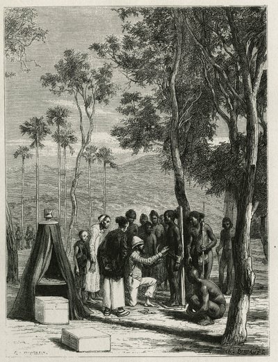 Le Dr Harmand procède à des mesures anthropologiques sur les indigènes Khas, à Attopeu (Laos), gravure par Eugène Burnand, pour illustrer l