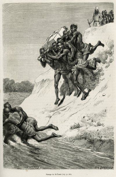 Le passage de la rivière Se Touon (Se Touon), en arrière-plan, un portrait du narrateur voyageur, gravé d