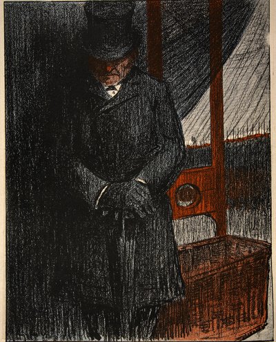 Un entrepreneur de pompes funèbres attend sa prochaine victime près de la guillotine, illustration de 